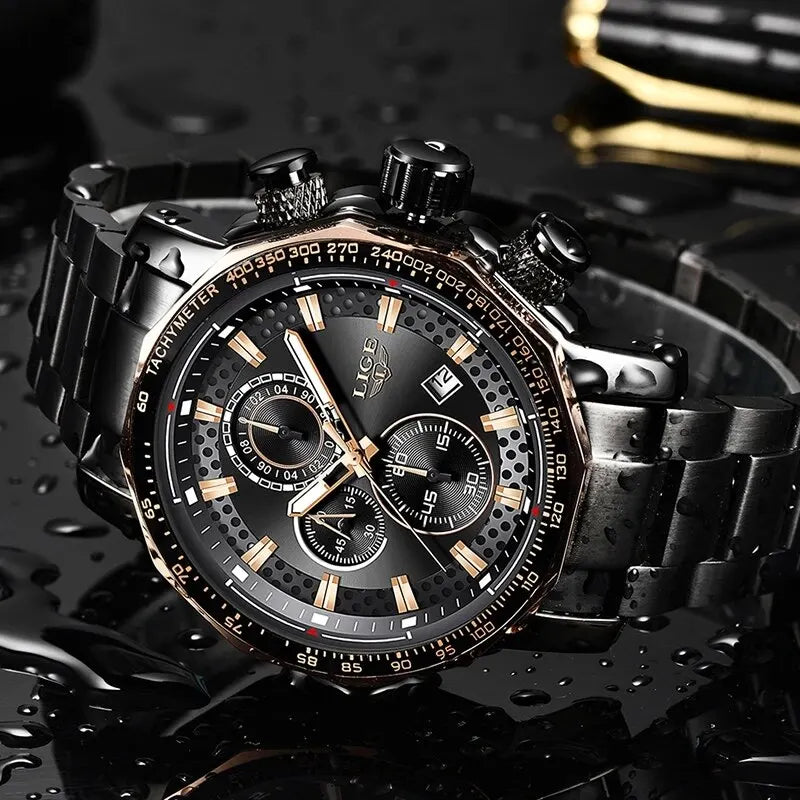 Montre Sport Homme LIGE Chronographe Or Noir - Acier Waterproof Luxury