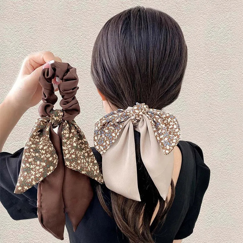 Élastiques Cheveux Nœud Floral Coréen 2025 - Ruban Long Queue de Cheval Foulard Femme Fille Accessoires Mode Doux