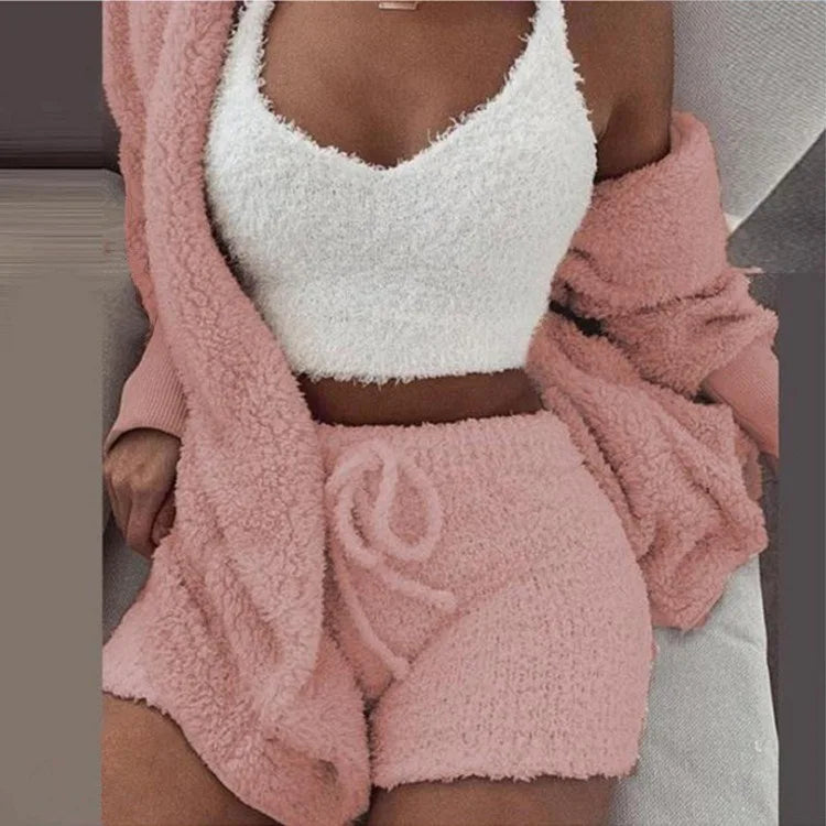 Ensemble Pyjama Fluffy 3 Pièces Femme - Hoodie Débardeur Short Grande Taille Hiver