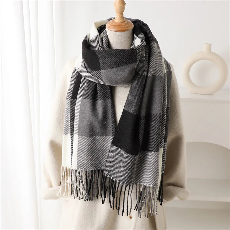 Écharpe Plaid Carreaux Luxe Automne/Hiver - Pashmina Châle Franges Femme Chaud