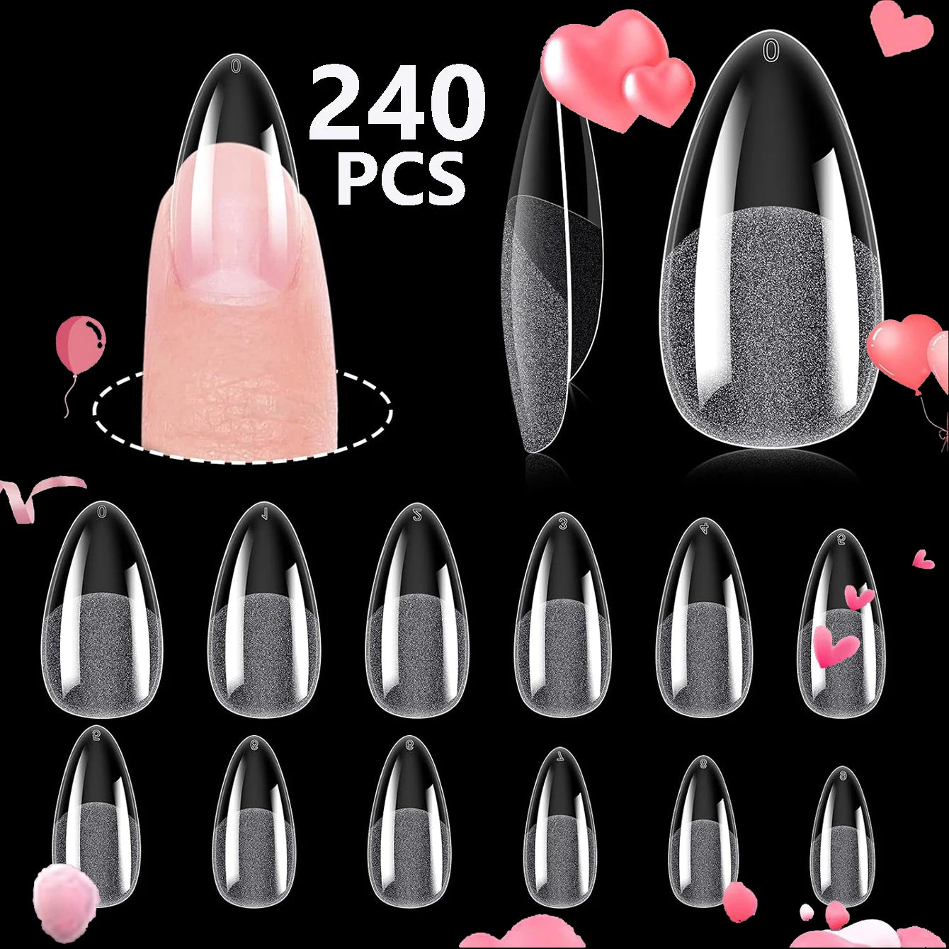 Lot 240pcs Capsules Ongles Amande Courtes - Gel Doux Pré-Formées Acrylique Semi-Mat Couverture Complète Transparent Gelly Press On