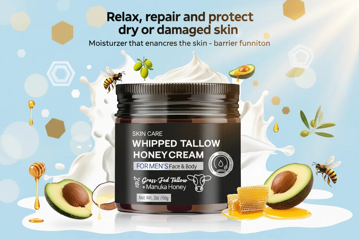 Crème Fouettée Tallow Miel Homme 60g - Hydratant Naturel Suif Nourri Herbe Miel Manuka Soin Visage Corps 2025