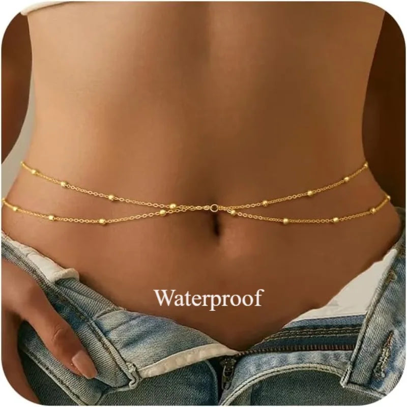 Chaîne de Taille Femme Waterproof Or 14K - Belly Chain Acier Inoxydable Perles Satellite Bikini