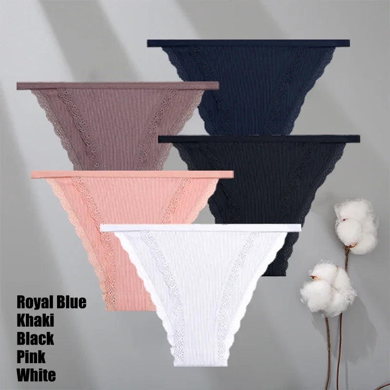 Lot 5 Culottes Dentelle Coton Femme - Slips Couleur Unie Sexy Confortables | Lingerie Respirante