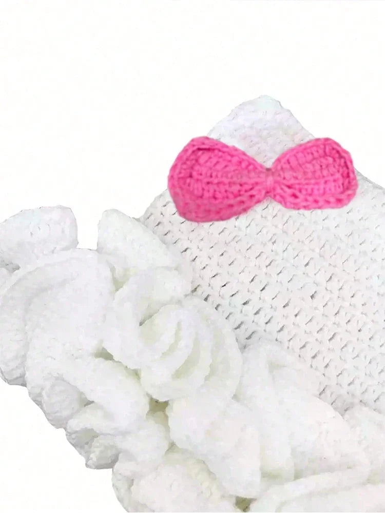 Bonnet Tricoté Main Y2K Oreilles de Chat - Chapeau Chaud avec Nœud et Bords Plissés pour Automne Hiver