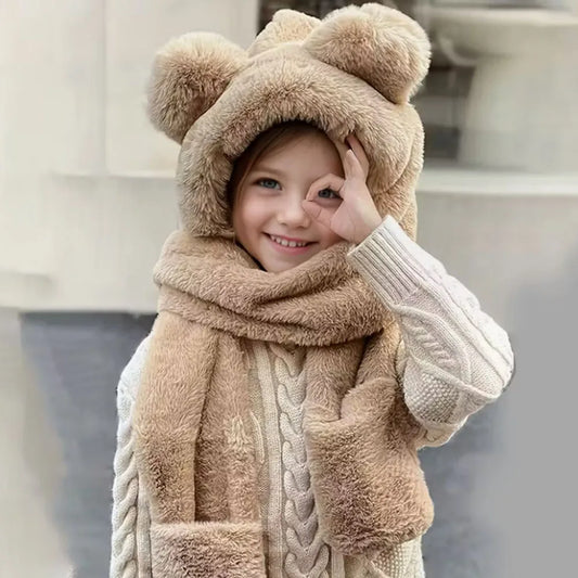 Ensemble Bonnet Écharpe Gants Enfant - Set Hiver Chaud Oreilles Ourson 3-8 Ans