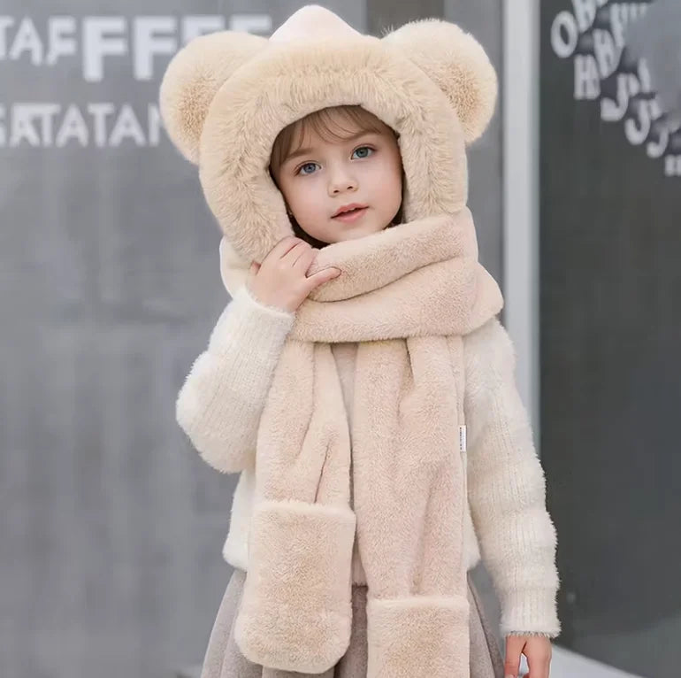 Ensemble Bonnet Écharpe Gants Enfant - Set Hiver Chaud Oreilles Ourson 3-8 Ans