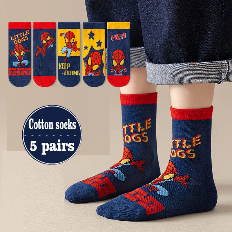 Lot de 5 Paires Chaussettes Spider-Man Garçon - Chaussettes Tube Coton Héros | Automne Hiver Enfant
