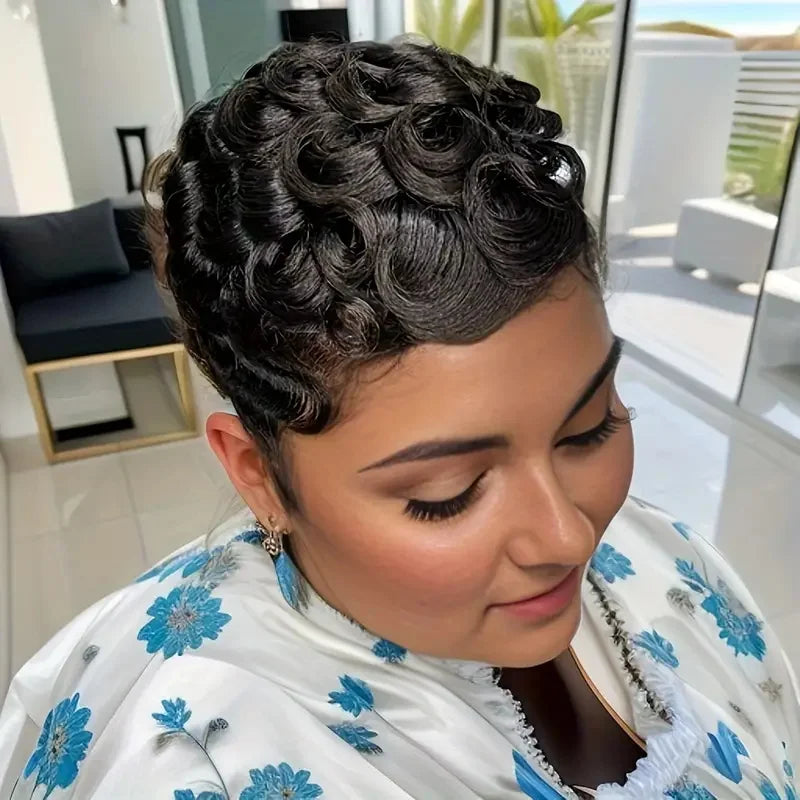 Perruque Bob Courte Pixie Bouclée - Cheveux Naturels Brésiliens avec Frange