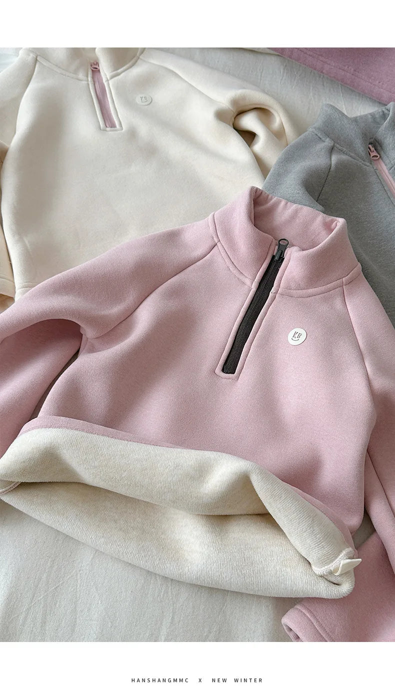 Sweat à Capuche Fille Automne Hiver - Col Montant Zippé Couleur Unie