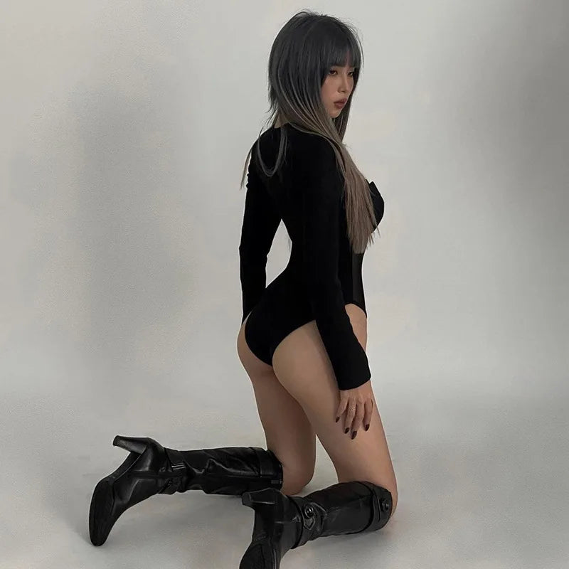 Bodysuit Femme Y2K Grunge Corset Noir - Manches Longues Transparent Sexy