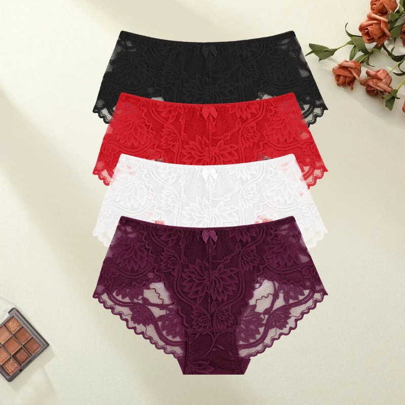 Lot 4 Culottes Femme Dentelle Sexy - String Taille Basse Broderie Florale Respirant Confort