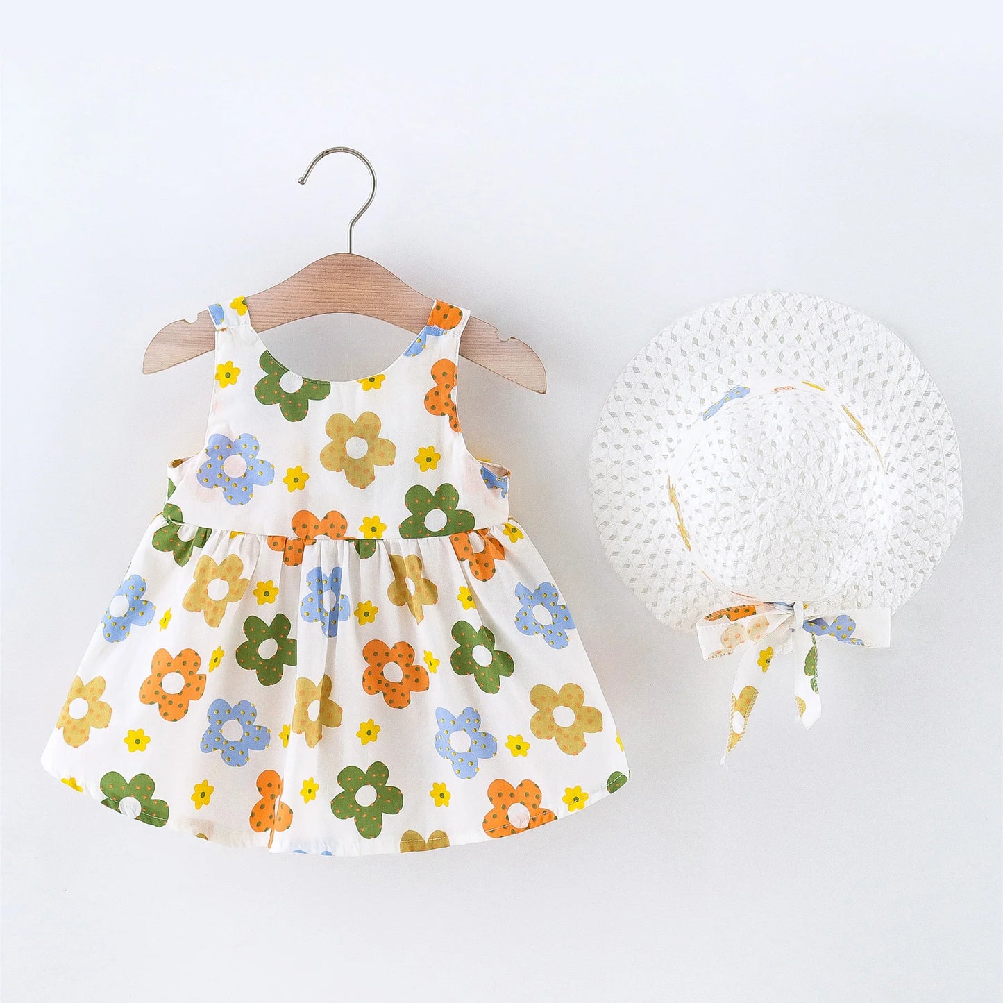 Ensemble Bébé Fille Été - Robe Princesse Florale + Chapeau Nœud 2 Pièces 3-6 Mois
