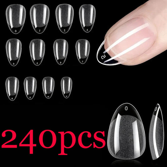 Lot 240pcs Capsules Ongles Amande Courtes - Gel Doux Pré-Formées Acrylique Semi-Mat Couverture Complète Transparent Gelly Press On