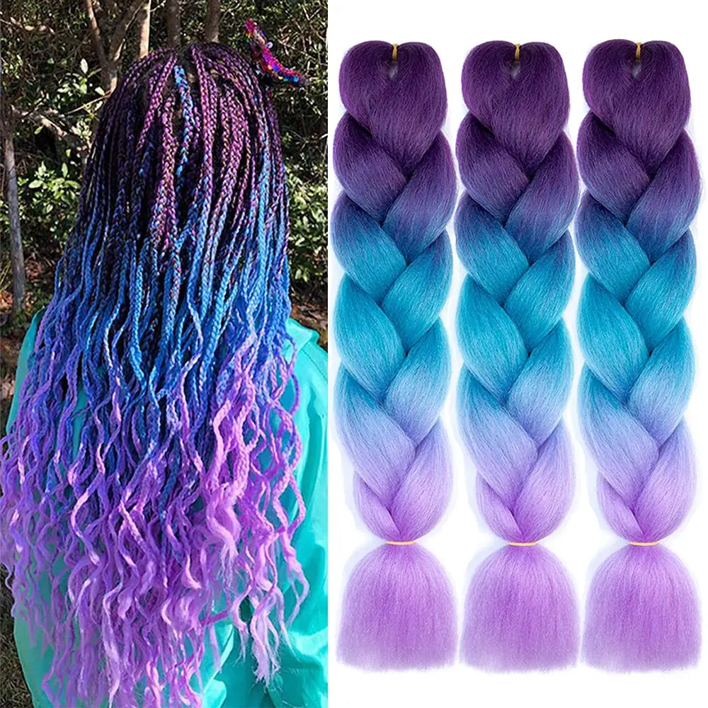 Extension Tresses Ombré 24 Pouces Pré-Étirées - Mèches Box Braids Colorées Synthétiques Crochet Violet/Bleu Lac/Violet Clair
