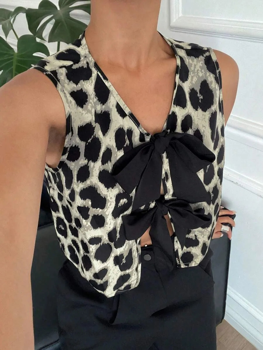 Débardeur Femme Léopard Col V Lacets - Dos Nu Sexy Casual Été