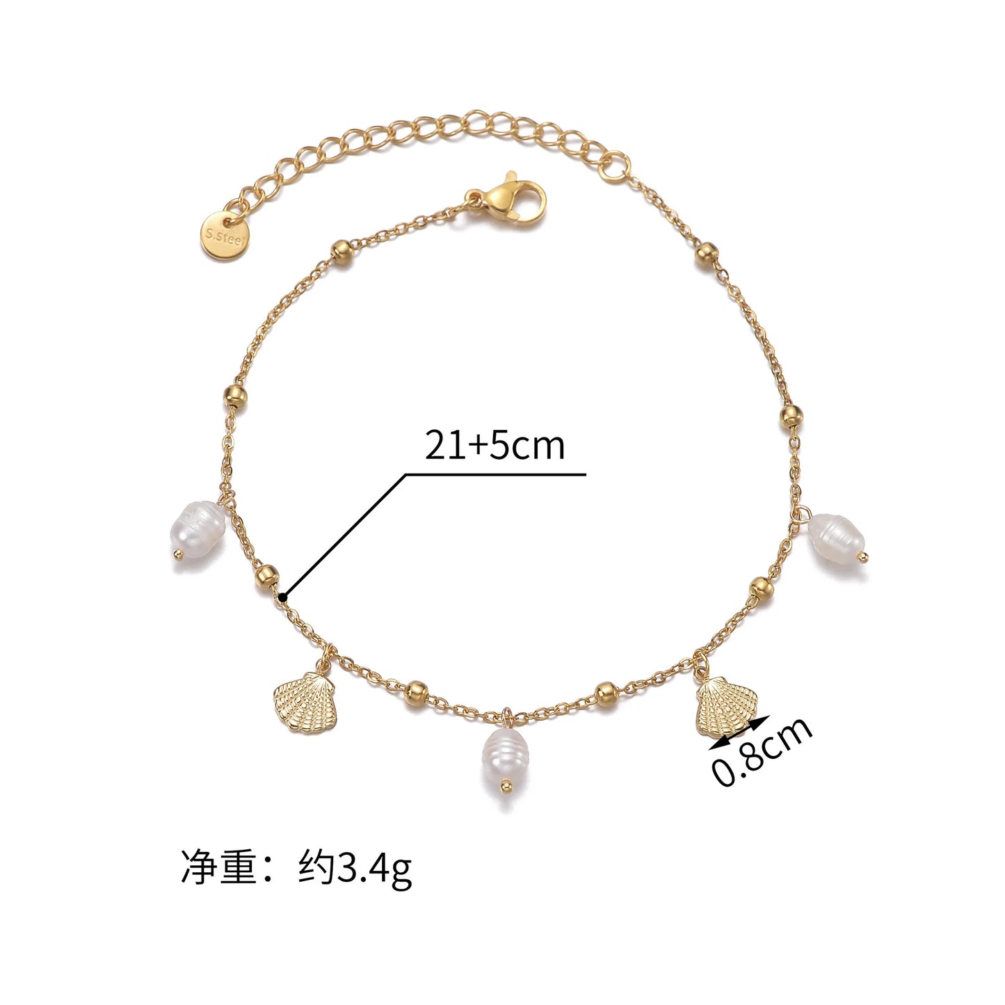 Chaîne Cheville Perle Imitation Or Plaqué - Acier Inoxydable Élégante Fashion Coquillage Plage Cadeau Femme