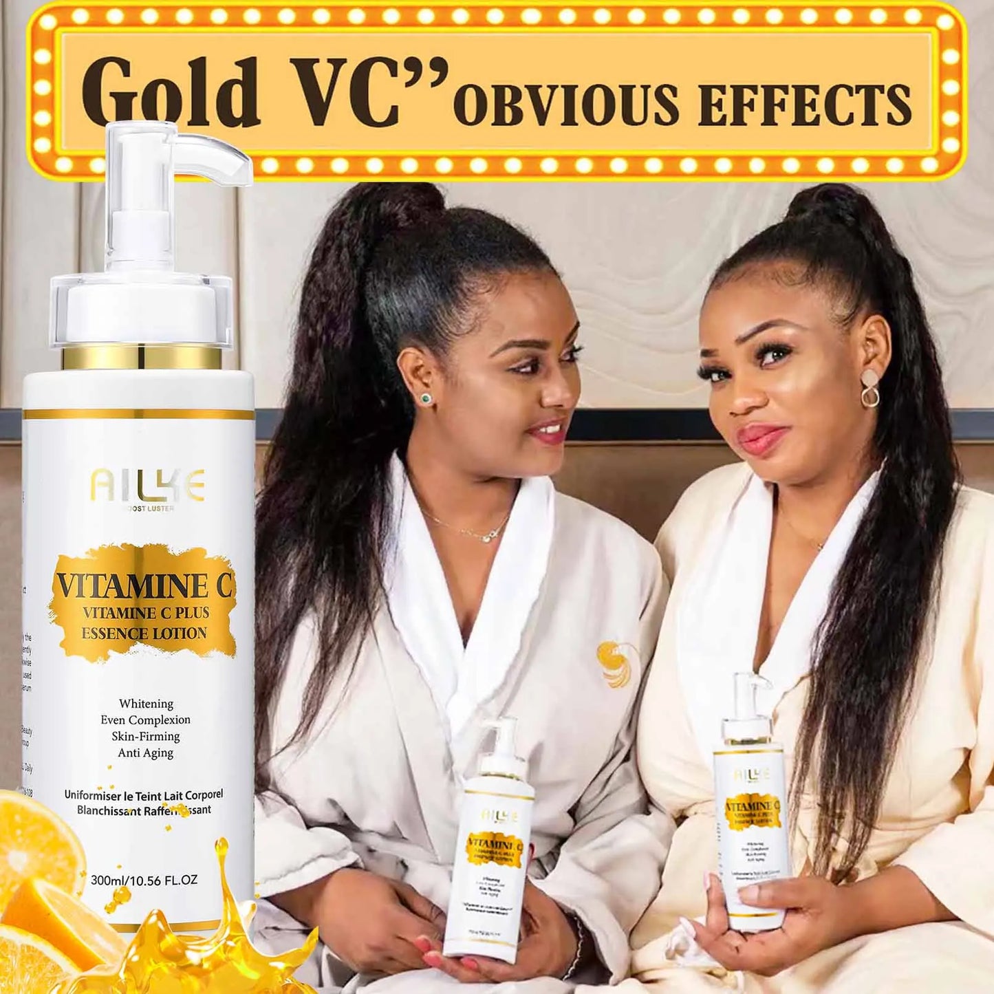 Kit Soin Corps Vitamine C 4 Pièces - Lotion Éclaircissante Crème Teint Uniforme Sérum Blanchissant Savon