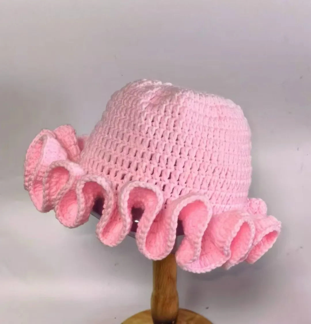 Chapeau Bob Crochet Tricoté Main Femme - Bonnet Pêcheur Bordure à Volants Couleur Unie pour Automne Hiver