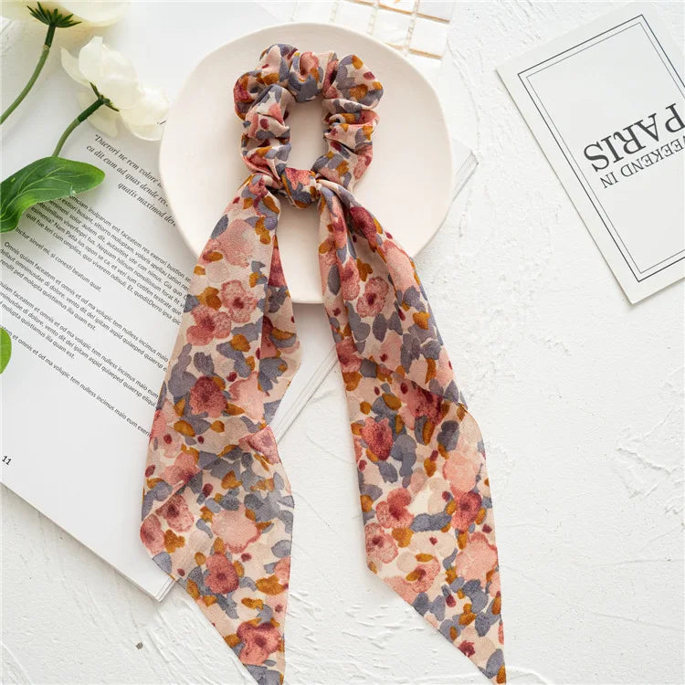Chouchous Long Ruban Mousseline Imprimé Mode - Foulard Queue Cheval Élastique Cheveux Femme Fille Accessoires