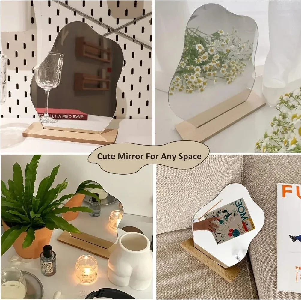 Miroir Décoratif Acrylique Base Bois - Minimaliste Irrégulier Maquillage Chambre Coiffeuse Beauté Cosmétiques