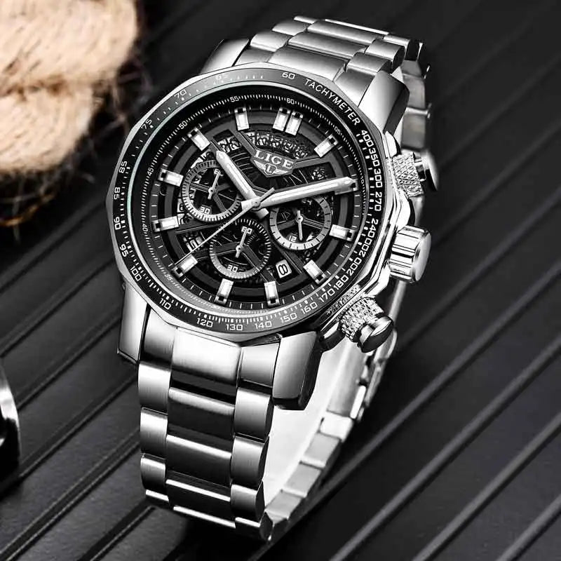 Montre Sport Homme LIGE Chronographe - Acier Inoxydable Waterproof Luxury