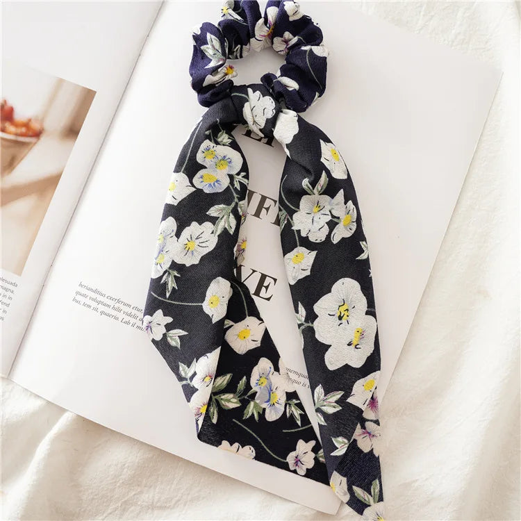 Chouchous Long Ruban Mousseline Imprimé Mode - Foulard Queue Cheval Élastique Cheveux Femme Fille Accessoires