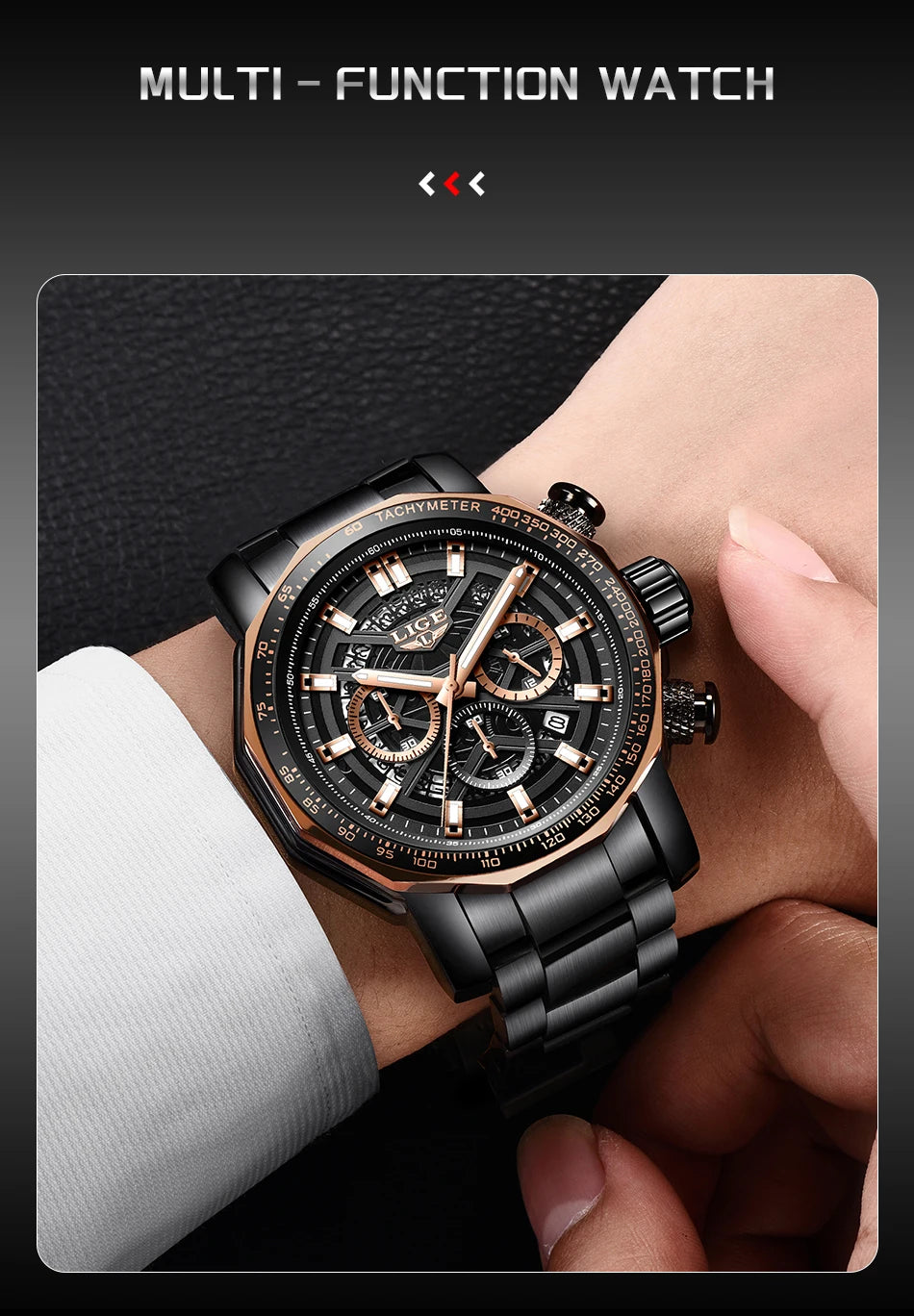 Montre Sport Homme LIGE Chronographe - Acier Inoxydable Waterproof Luxury