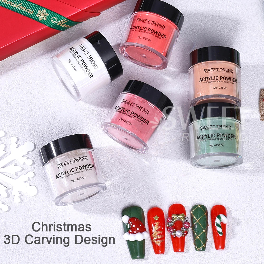Lot 6pcs Poudre Acrylique Noël 10g - 3-en-1 Extension Sculpture Trempage Poudre Cristal Automne Hiver Nouvel An Manucure Décor