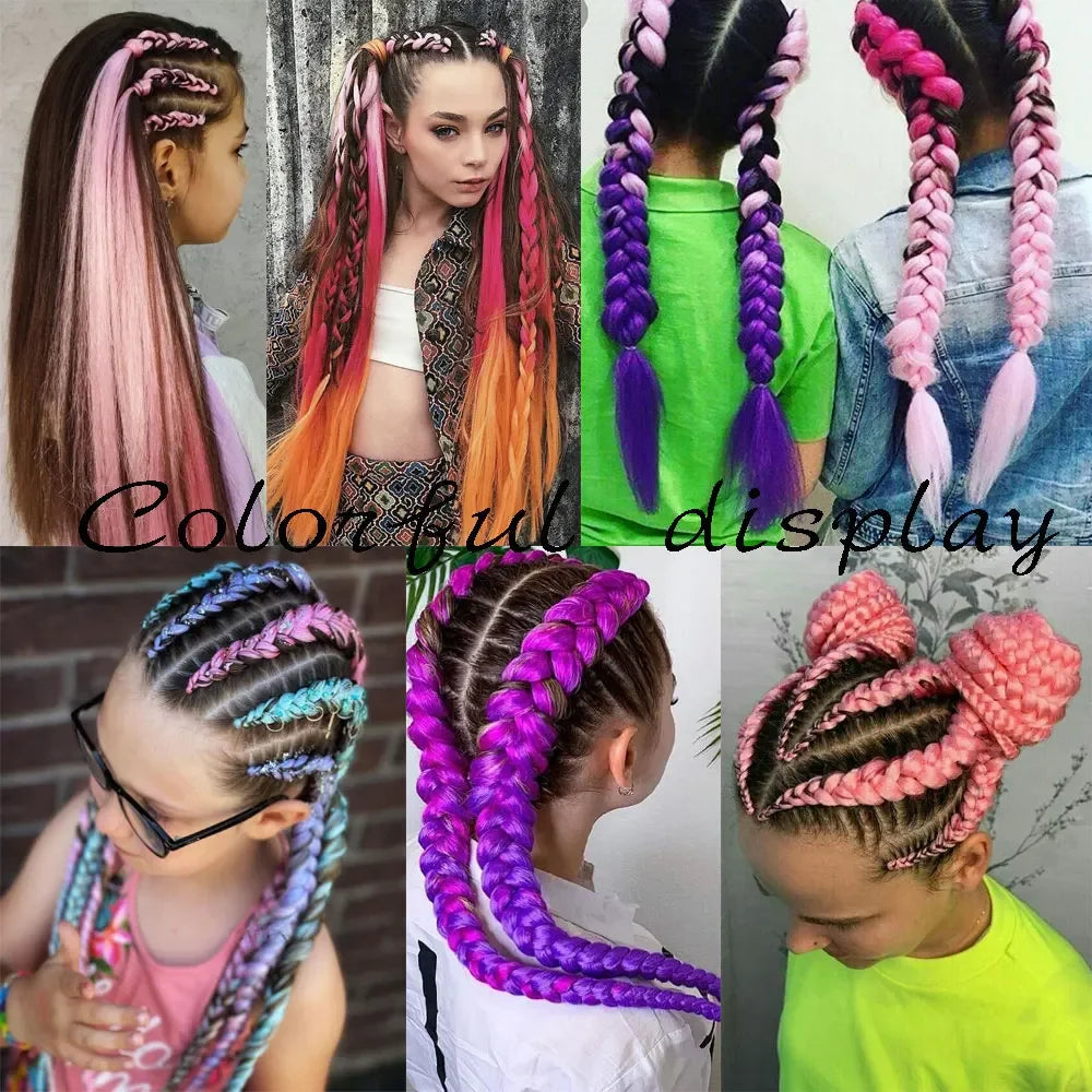 Extension Tresses Ombré 24 Pouces Pré-Étirées - Mèches Box Braids Colorées Synthétiques Crochet Violet/Bleu Lac/Violet Clair