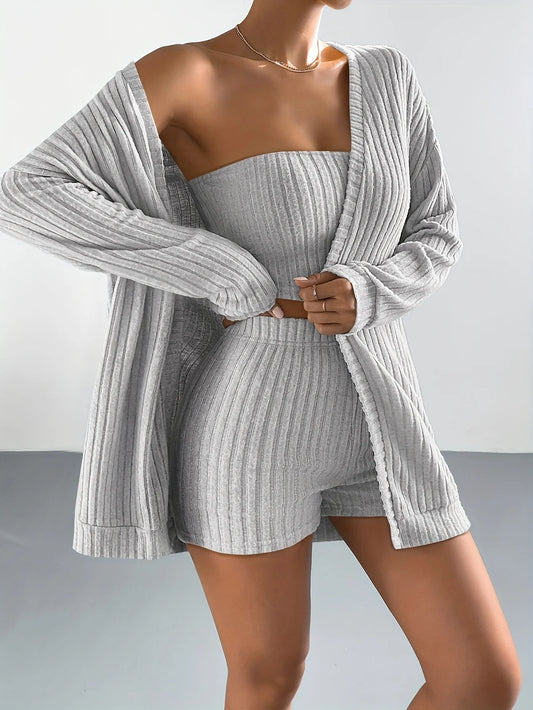 Ensemble 3 Pièces Côtelé Femme - Top Tube + Short + Cardigan Manches Longues