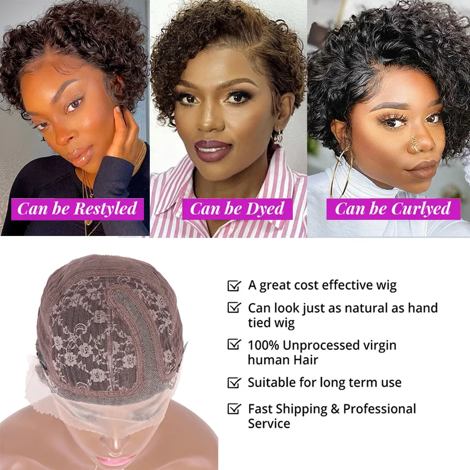 Perruque Cheveux Humains Bob Pixie Cut Bouclée - Lace Front 13x5x1 Péruvienne Deep Wave Femme