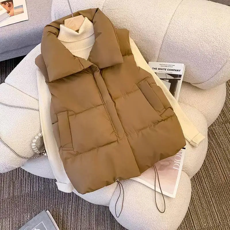 Gilet Femme Hiver Chaud Rembourré - Sans Manches Zip Fashion Loose Col Montant Couleur Unie Manteau