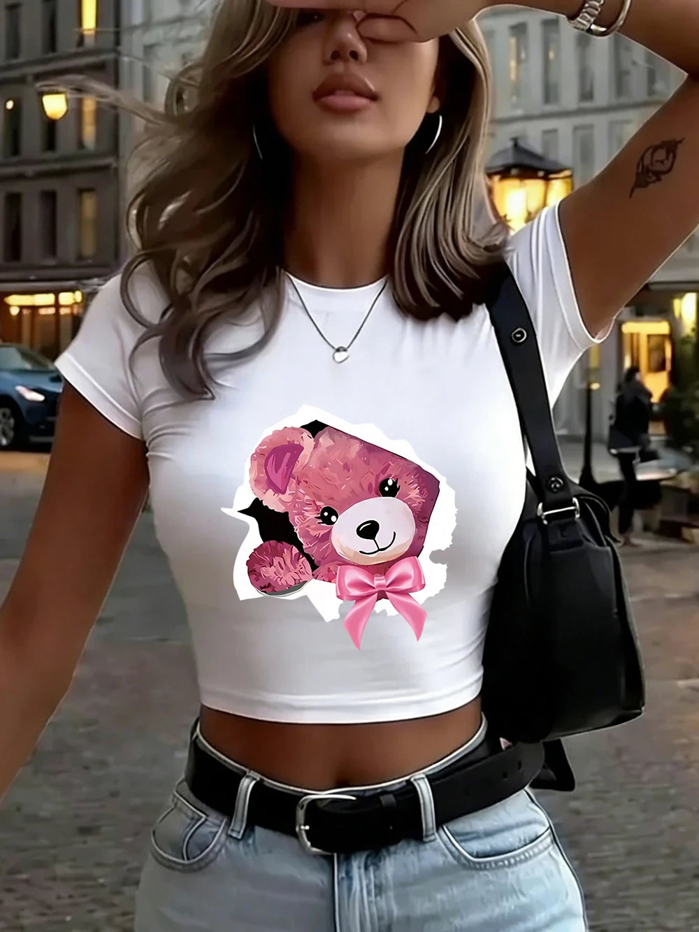 Top Crop Femme Pink Bow Broken Shell Bear - T-Shirt Doux Slim Col Rond Été