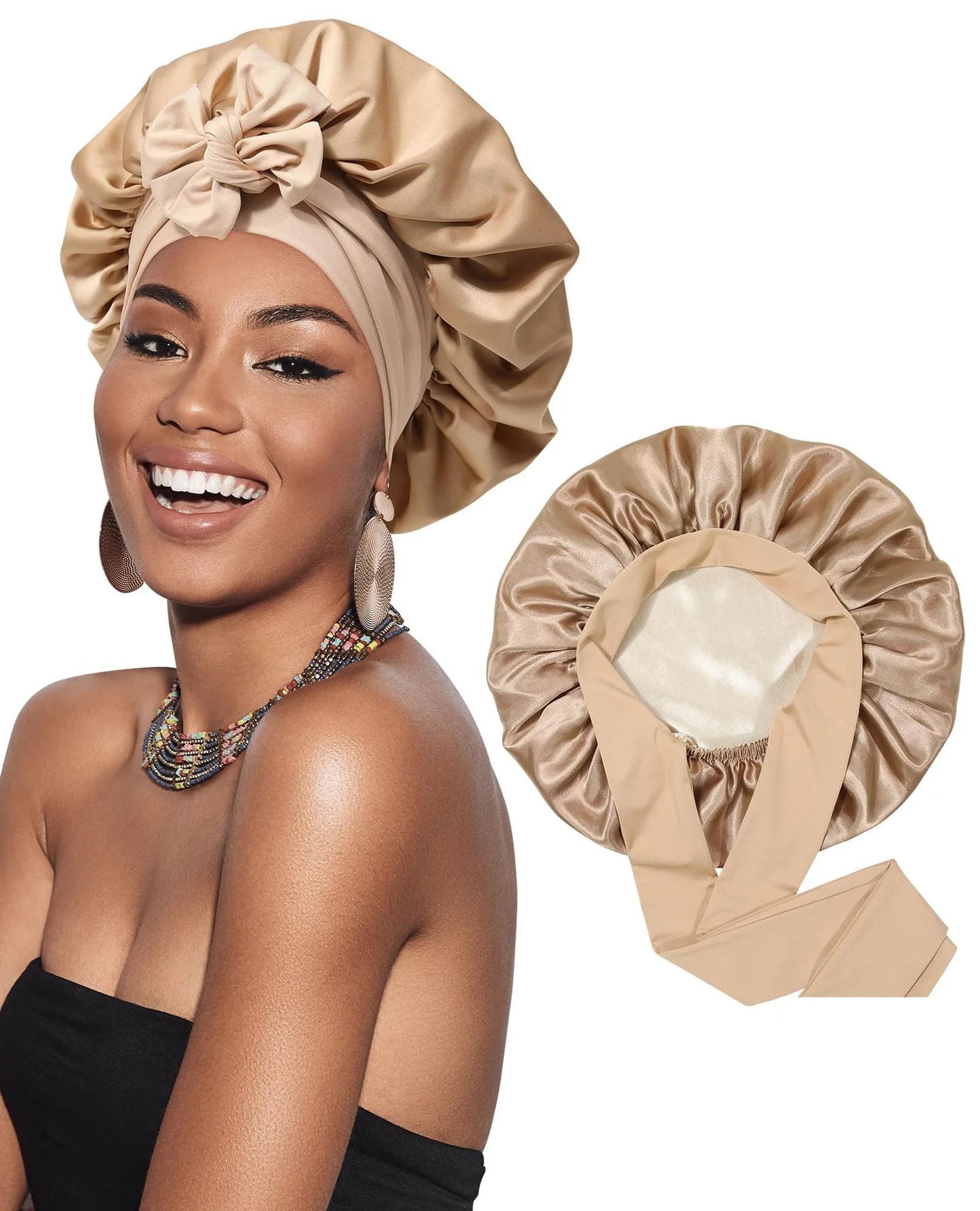 Bonnet Satin Double Couche Femme - Bandeau Large Élastique Soyeux Nuit Protection Cheveux Douche Wrap Bordures