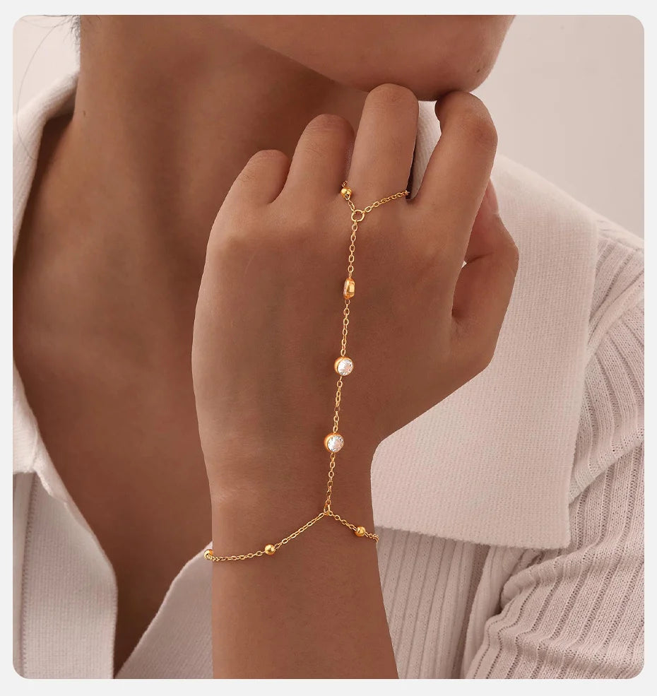 Bracelet Bague Chaîne Acier Inoxydable Femme - Bijou Main Perles Vnox Tendance Cadeau