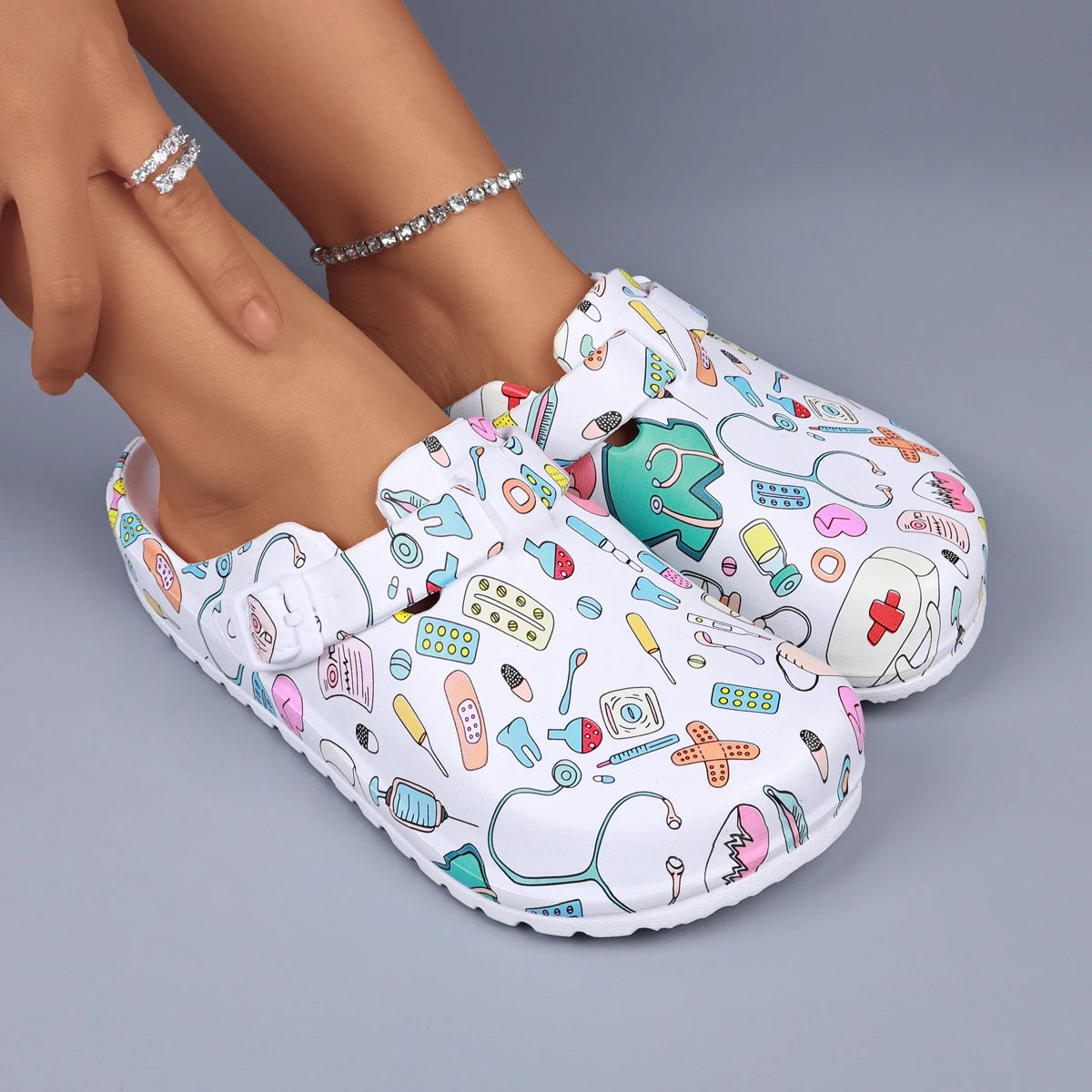 Sabots Femme EVA Imprimés - Mules Maison Antidérapantes, Boucle Ajustable Bout Fermé Confort Travail