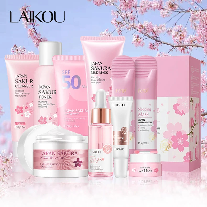 Kit Soin Visage Sakura 9 Pièces - Nettoyant Crème Masque Protection Solaire Contour Yeux Coréen