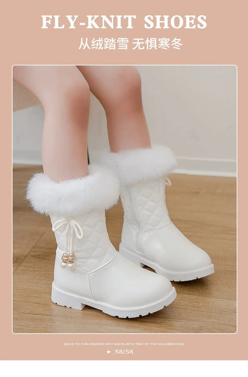 Bottes Neige Filles 2025 avec Nœud - Bottines Hiver Fourrées Imperméables Mi-Mollet