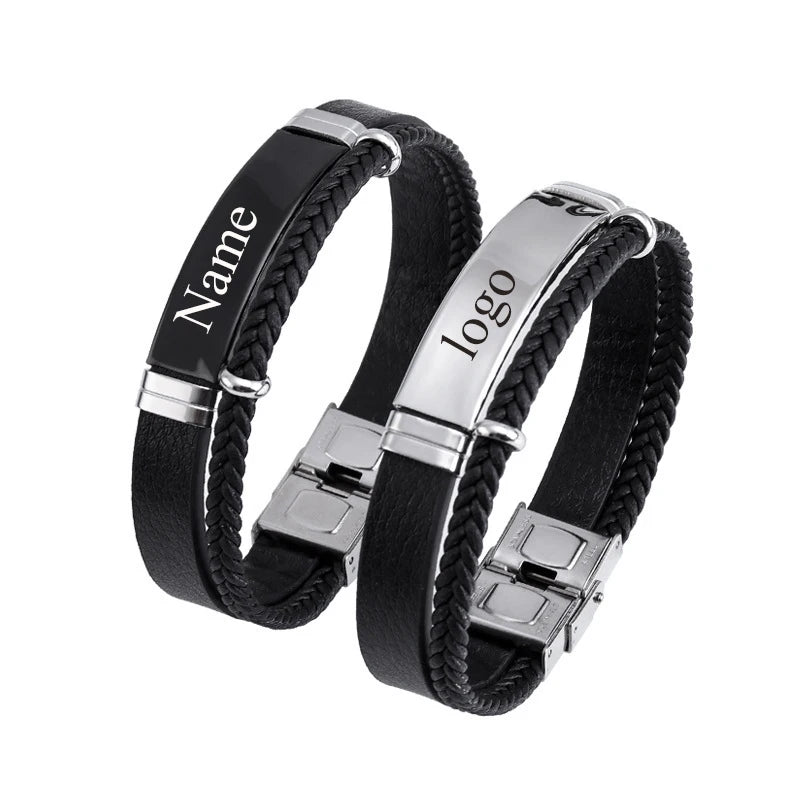 Bracelet Homme Cuir Tressé Gravure Personnalisée - Acier Inoxydable Bicolore