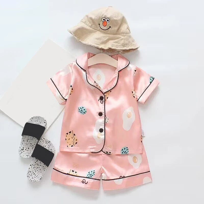 Kids Cartoon Bear Pajama Set - Ice Silk Satin Summer Sleepwear