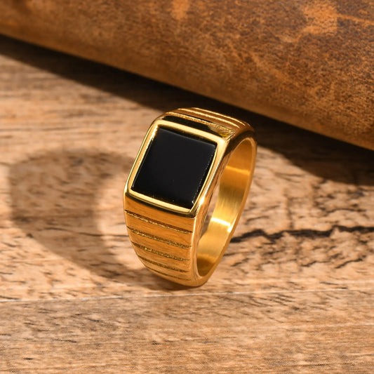 Bague Chevalière Retro Pierre Noire Femme - Acier Doré