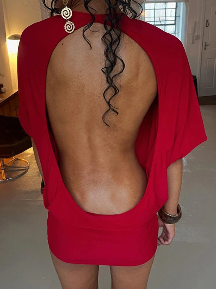 Robe Mini Dos Nu Femme Manches Courtes - Robe Moulante Sexy Y2K Streetwear