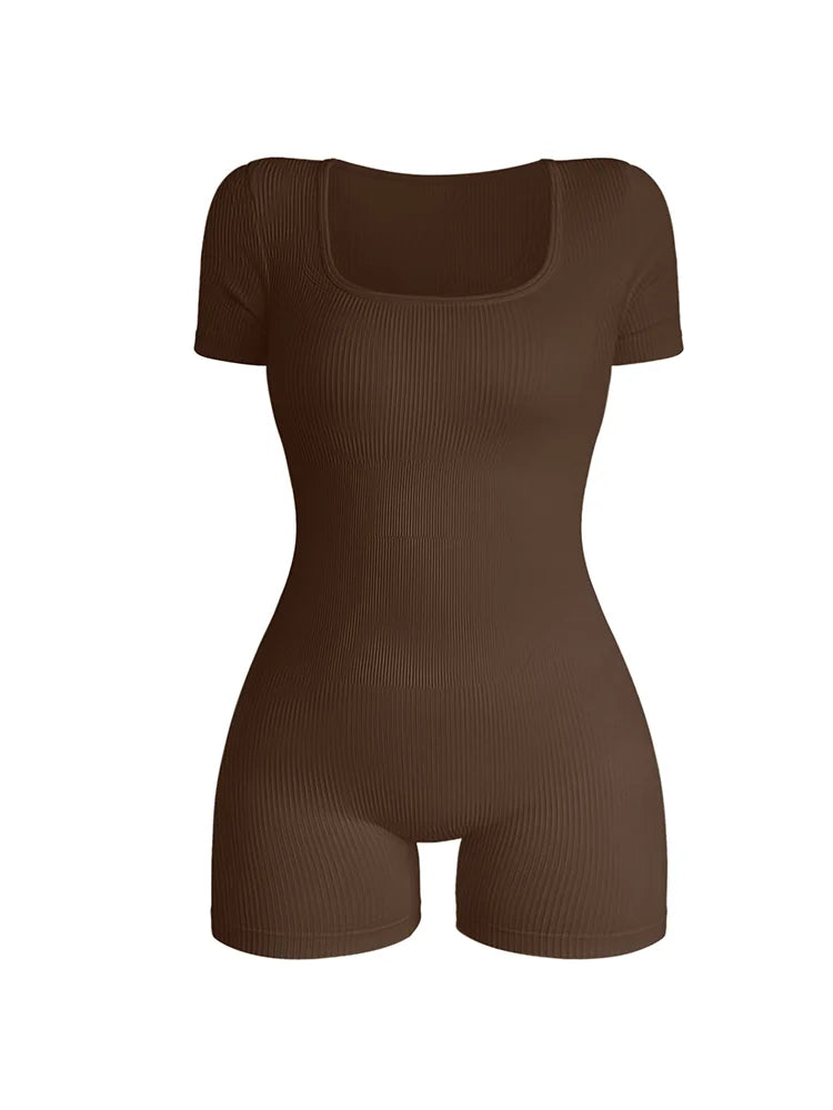 Combinaison Femme Col Carré Manches Courtes - Body Moulant Sexy Taille Haute Streetwear