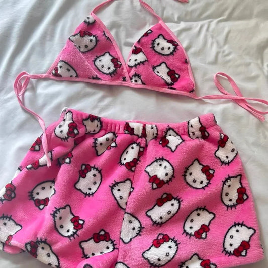 Pyjama Hello Kitty Sanrio 2 Pièces - Brassière Short Été Plage Bikini Kawaii