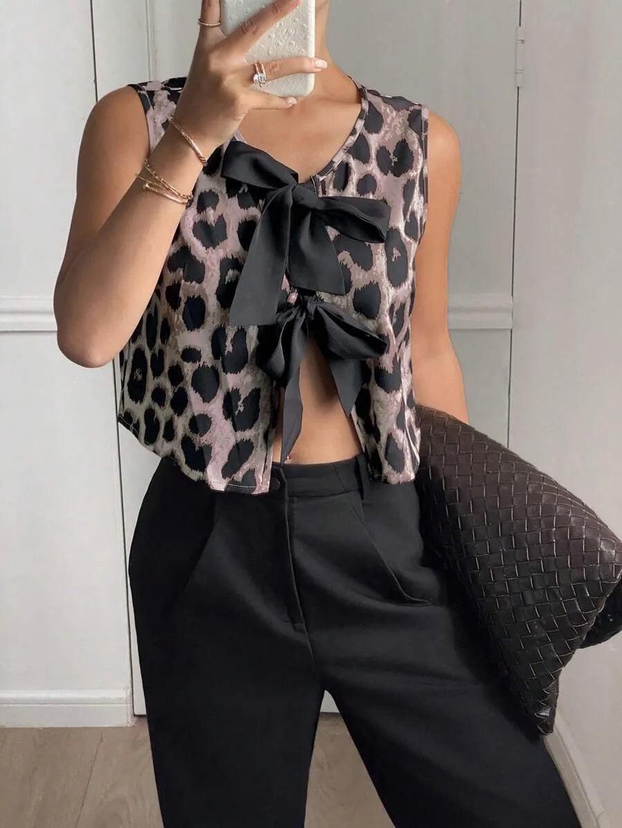 Débardeur Femme Léopard Col V Lacets - Dos Nu Sexy Casual Été