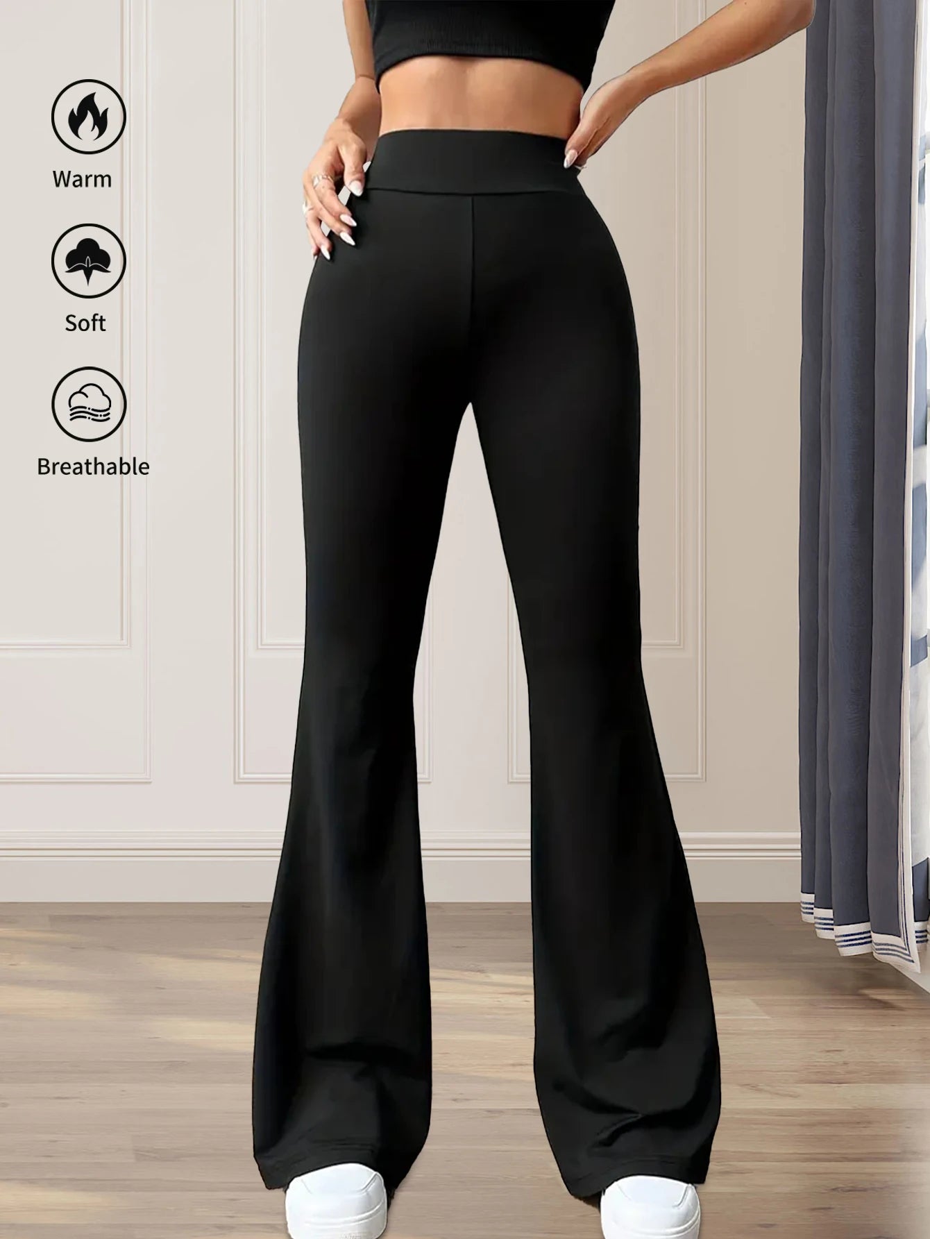 Pantalon Flare Taille Haute Femme - Jambe Slim Noir Printemps Été
