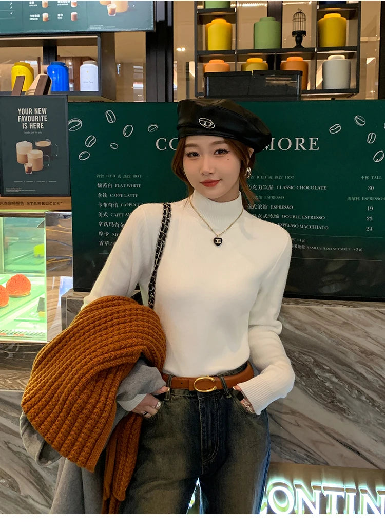 Pull Col Roulé Femme Hiver 2025 - Doublure Velours Épais Thermique Rétro