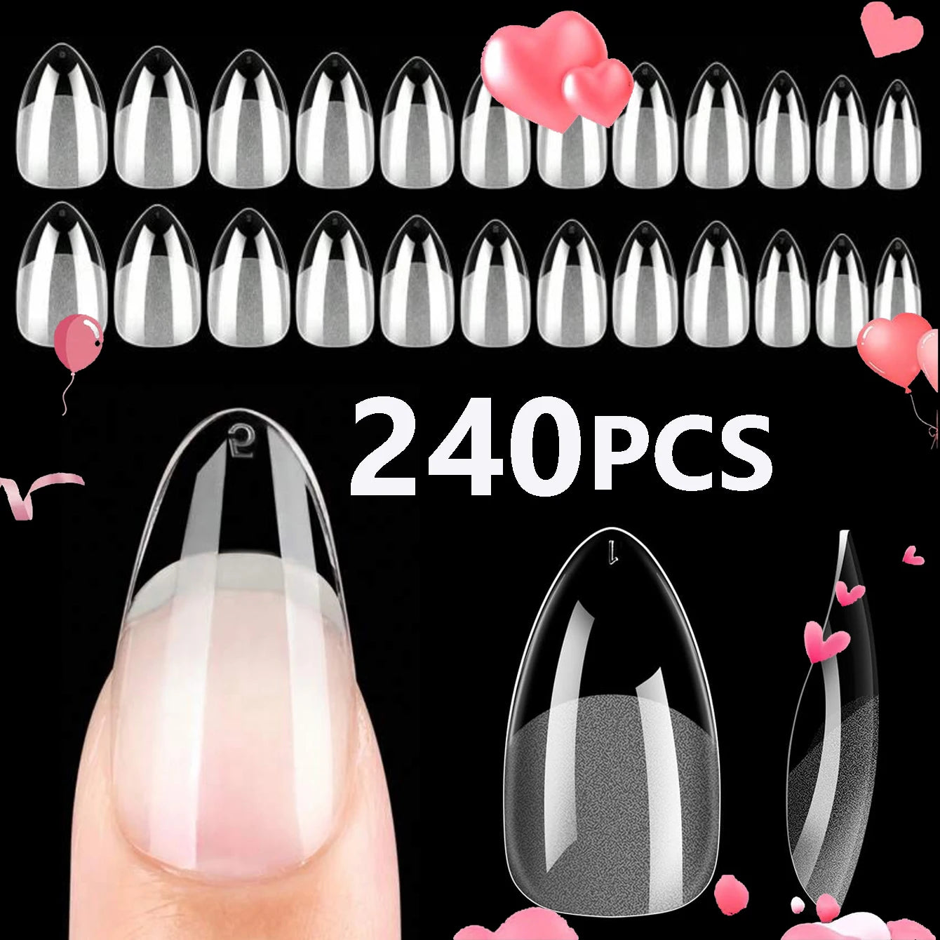 Lot 240pcs Capsules Ongles Amande Courtes - Gel Doux Pré-Formées Acrylique Semi-Mat Couverture Complète Transparent Gelly Press On