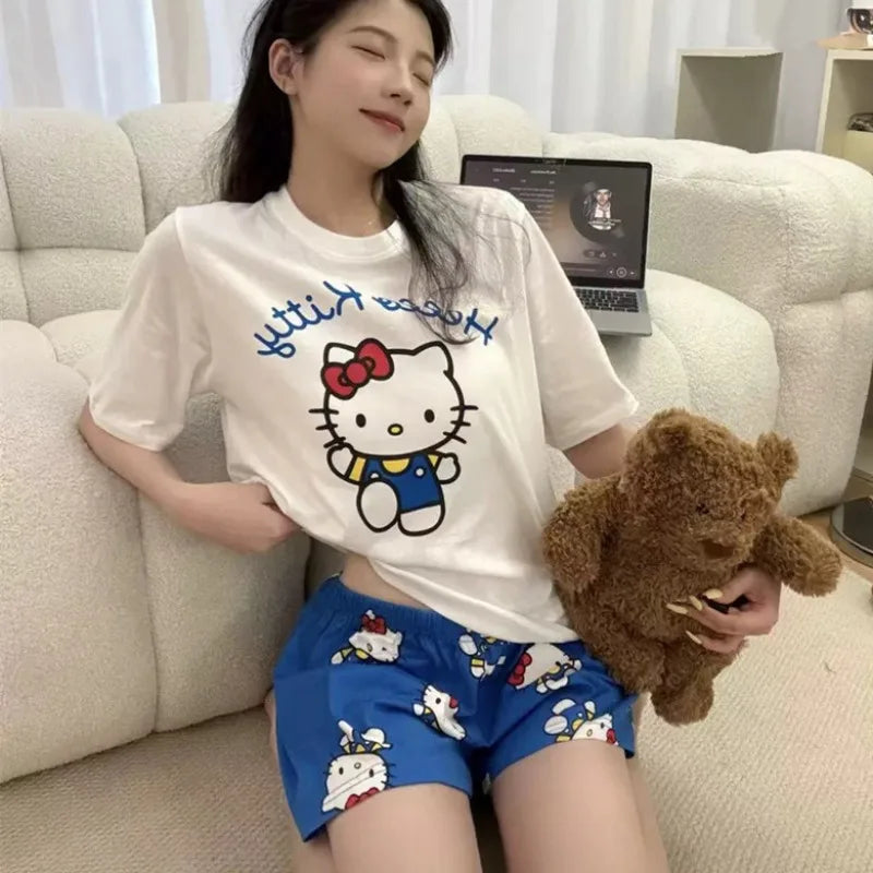 Pyjama Hello Kitty Femme Manches Courtes - Ensemble Short Été Kawaii Anime Casual